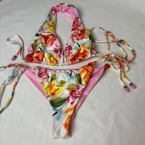 Revolve By Agua Bendita Bikini Tammy Blossom Beaded String Tie Sz Top M Bottom L